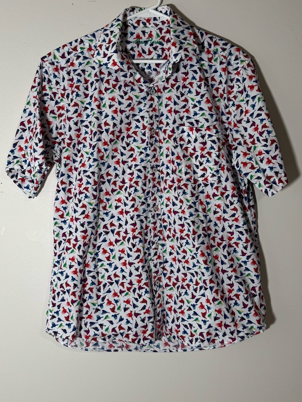 Alan Flusser White Button-Down Shirt with Red, Blue & Green Bird Print